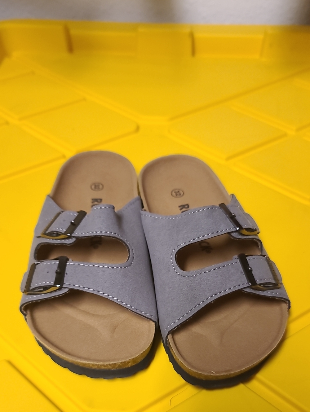 Gray Double-Buckle Slide Sandals